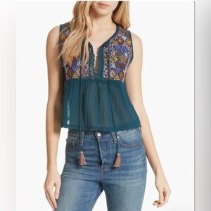 Free People Ladies S Deep Teal Lohri Embroidered Sleeveless Blouse